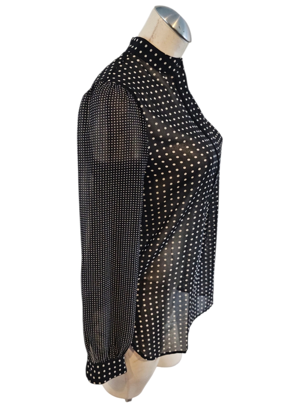 Anne Klein Size 0 Semi Sheer Blouse Black Off White Polka Dots - Picture 3 of 7